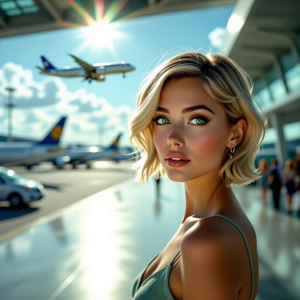 Woman Anticipating Flight in Sunlit Airport Terminal