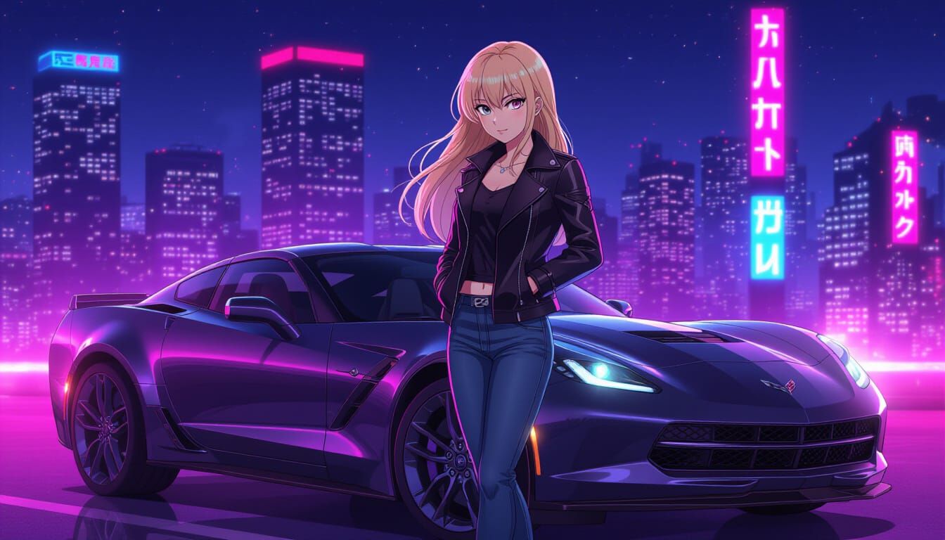 Anime Girl with Corvette in Neon Cityscape