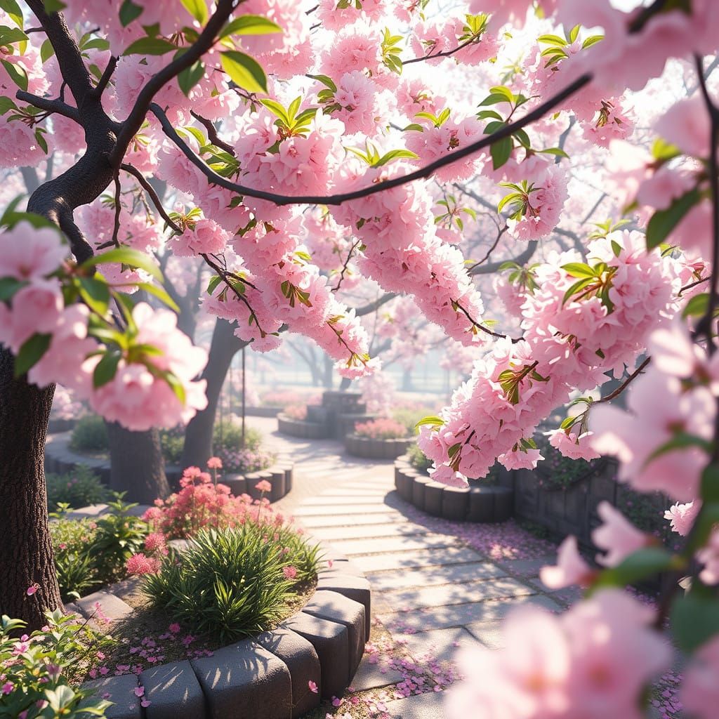 Anime-Inspired Cherry Blossoms in a Vibrant Garden