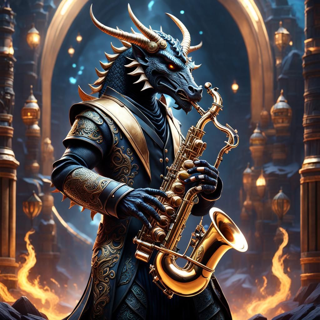 Dragonborn Saxophonist: Detailed Fantasy Art