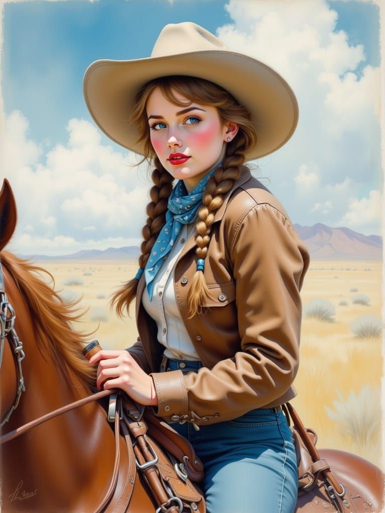 Cowgirl Portrait in Soft Pastel Impressionist Style