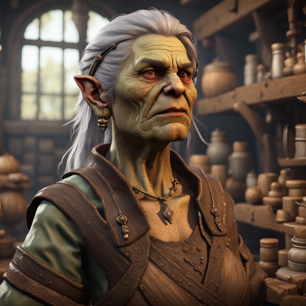 Elderly Half-Orc Shopkeeper in 3D Game Style