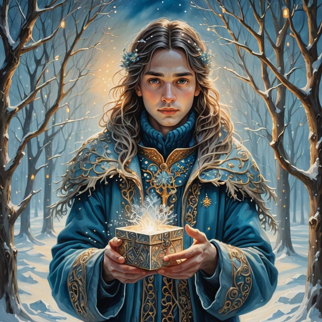 Surreal Winter Portrait with Glowing Box in Oil Painting Sty...