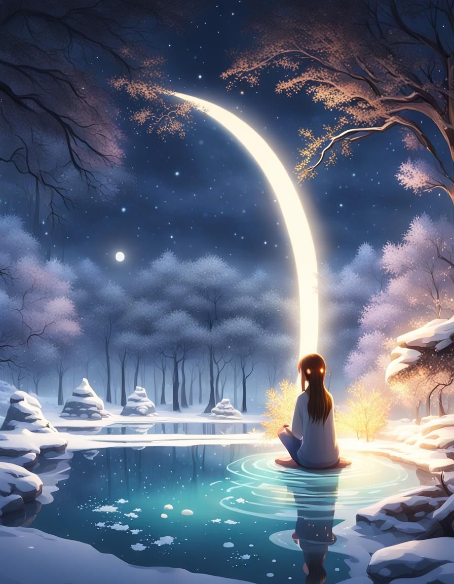 Anime Woman in Snowy Hot Spring at Night