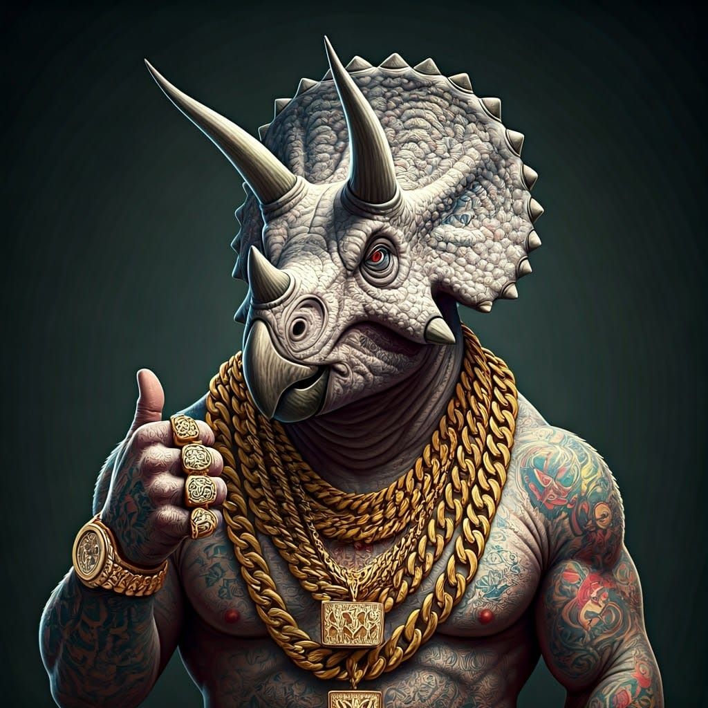 Gangster Rapper Albino Triceratops in Gold Chains and Tattoo...