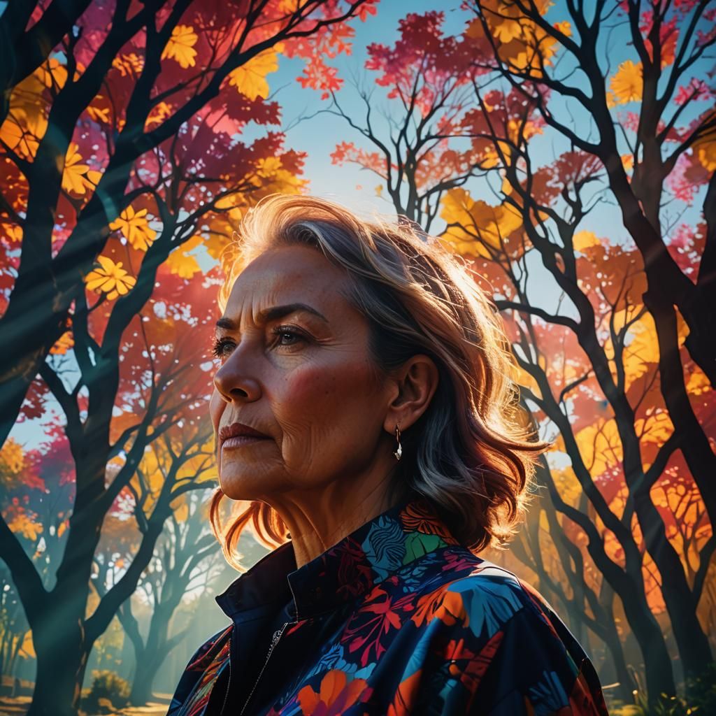 Double Exposure Portrait: Woman in Vibrant Landscape