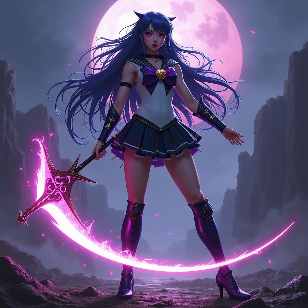 Sailor Saturn in Apocalyptic Landscape, Anime Style