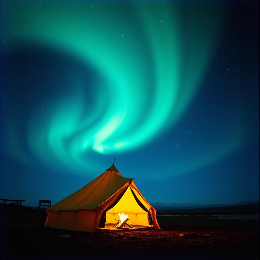 Ethereal Campsite Under Northern Lights