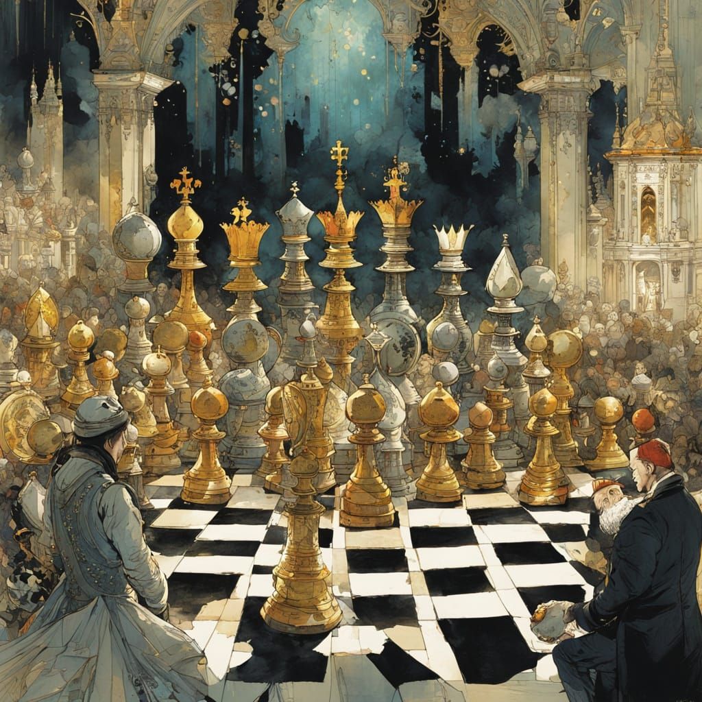 Watercolor Chess Game: King Beats Queen in Maximalist Style