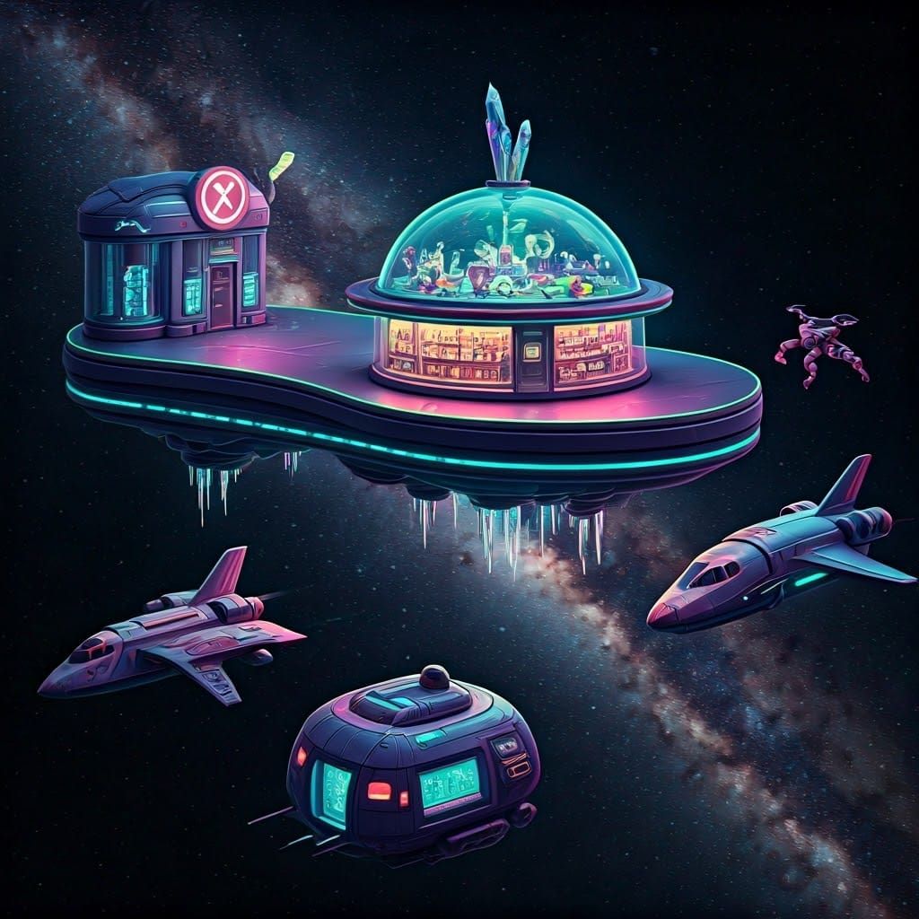 Alien Gas Station in Space with Iridescent Hues