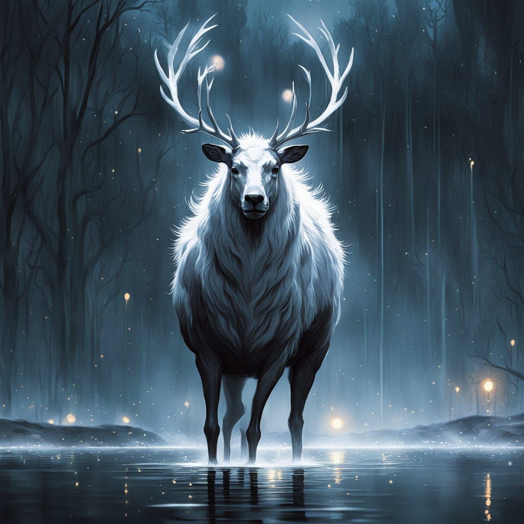 Luminous Stag in Moonlit Lake: Digital Art