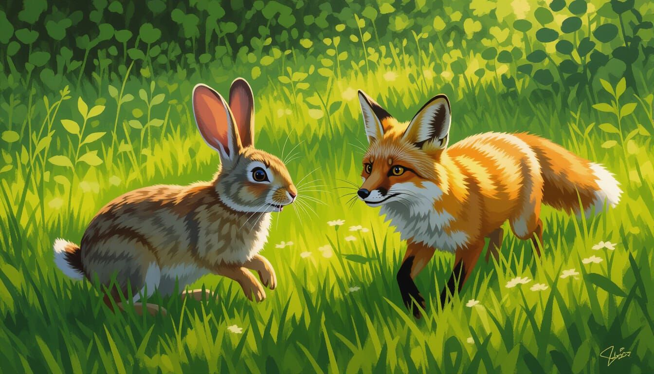 Rabbit Flees Fox in Lush Meadow, Photorealistic Style