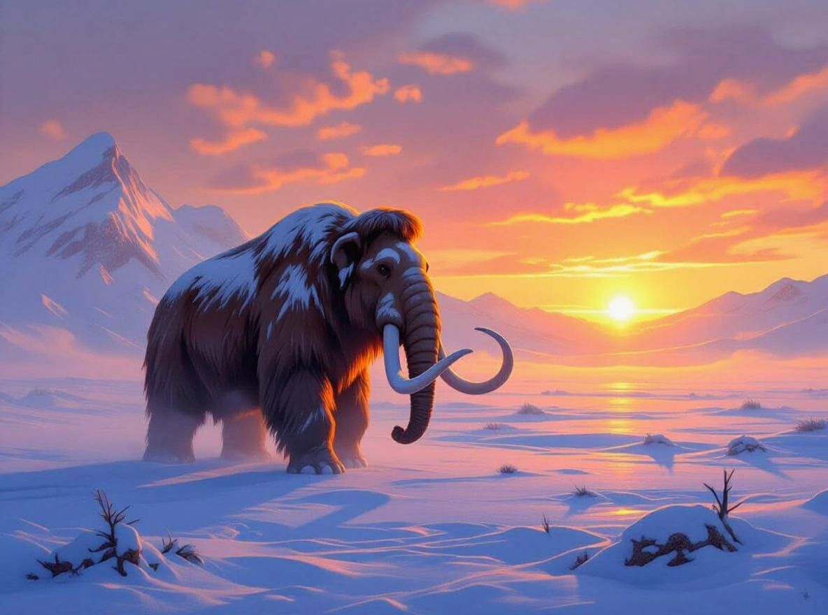 Woolly Mammoth on Tundra in Papercraft Style