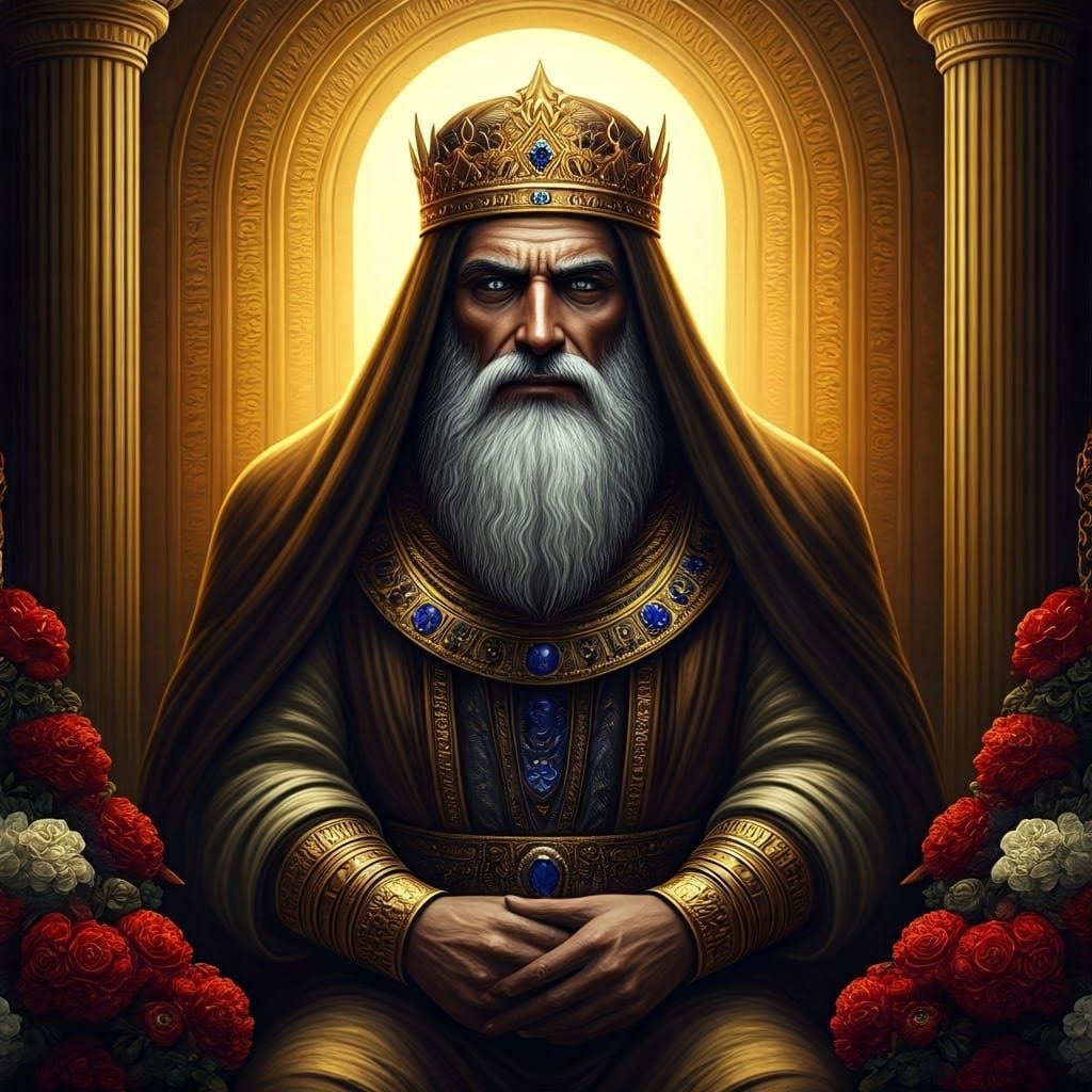 Regal Figure with Golden Eagle Head and Black Raven Eyes