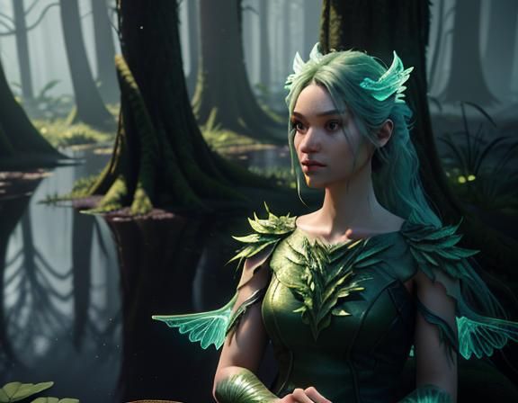 Female Amphiboid in Bioluminescent Forest, 3D Game Art
