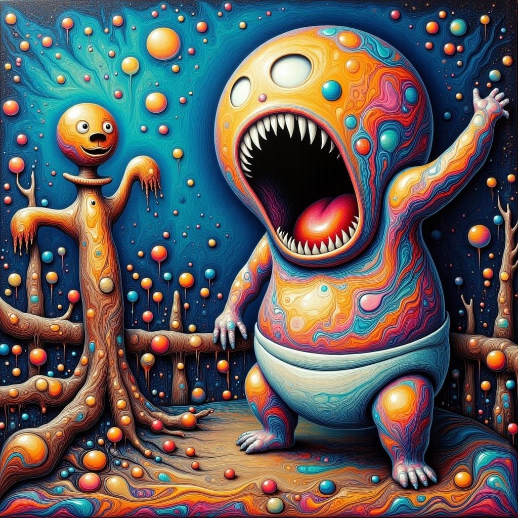 Bubble-Head Figure Screaming on Bridge in Fractal Style