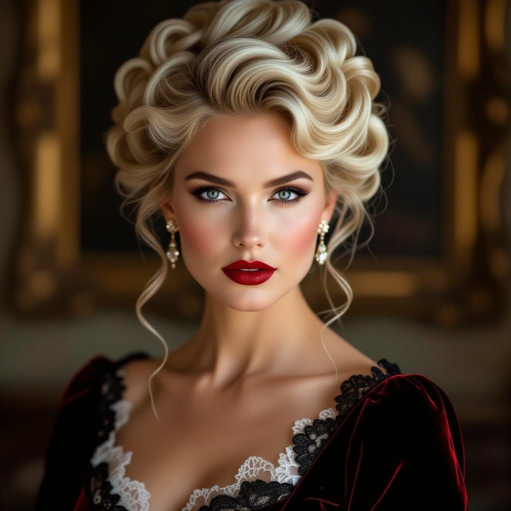 Dramatic Portrait of a Blonde Woman in Velvet Gown