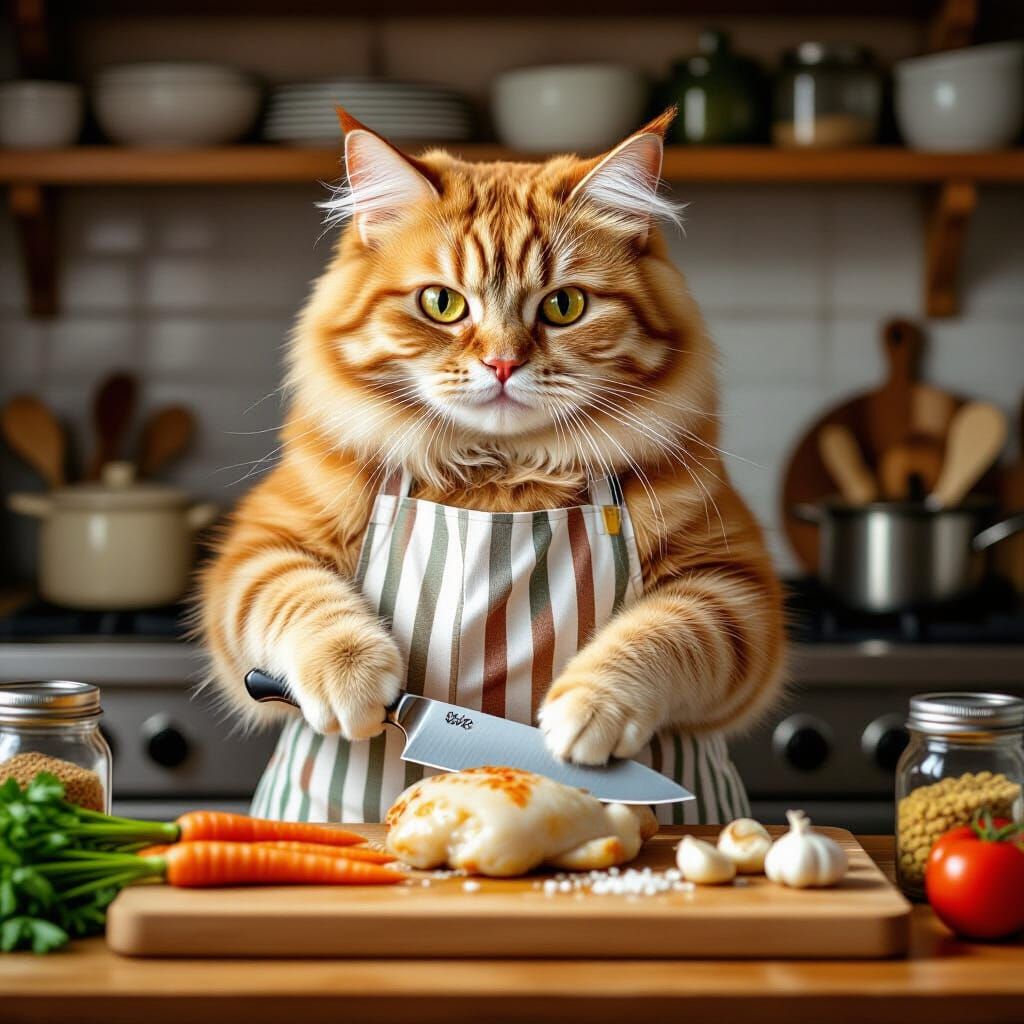 Ginger Cat Chef Prepares Chicken Dinner