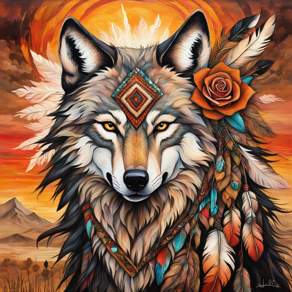 Tribal Wolf with Rose in Native American Style