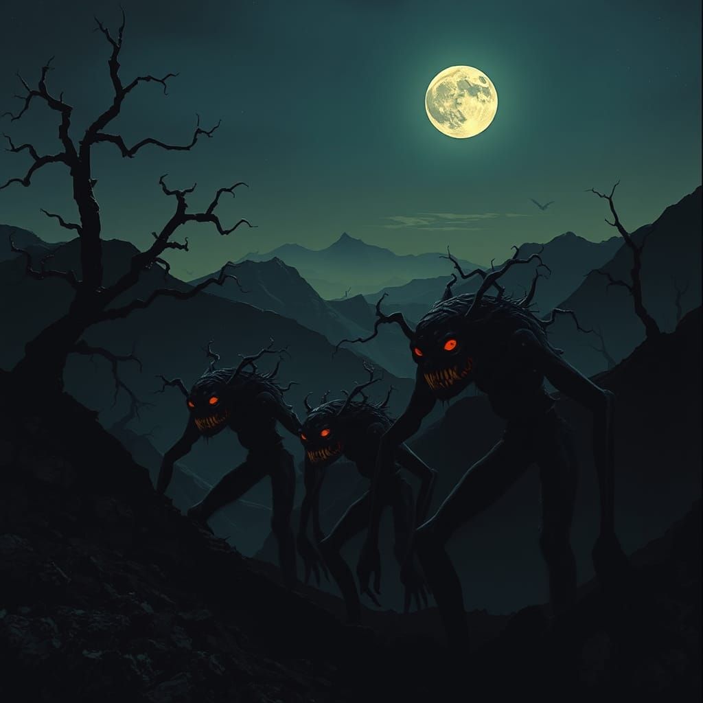 Haunting Dusk Landscape with Grotesque Creatures