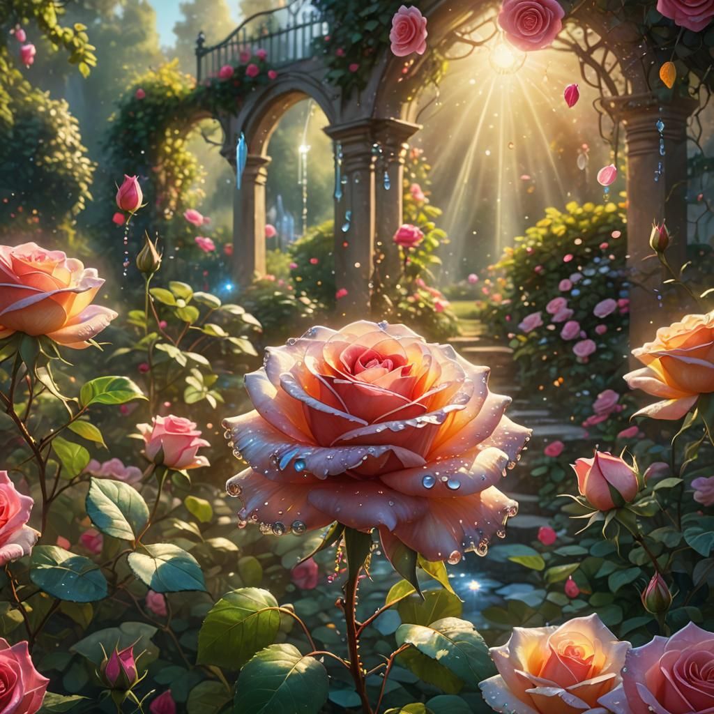 Rose Opening in a Garden with Cascading Light