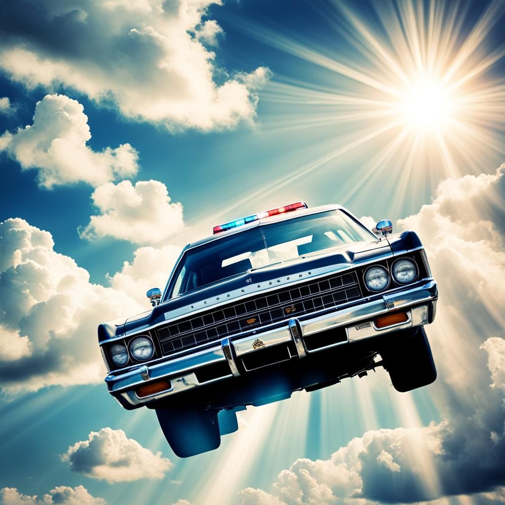 Airborne 1974 Dodge Monaco Police Car in Sunlight