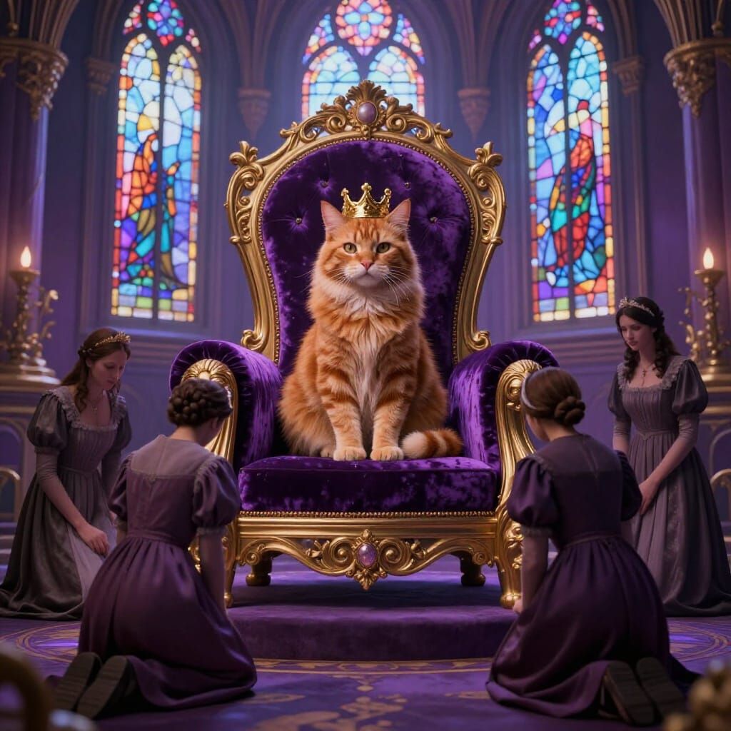 Regal Ginger Cat Monarch on Velvet Throne