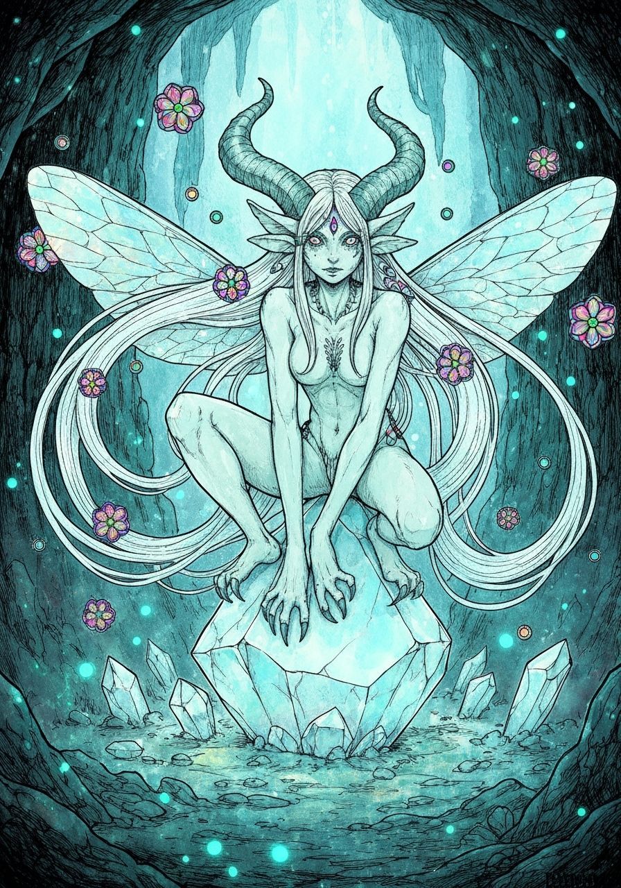 Neon Anime Fantasy Creature in Bioluminescent Grotto