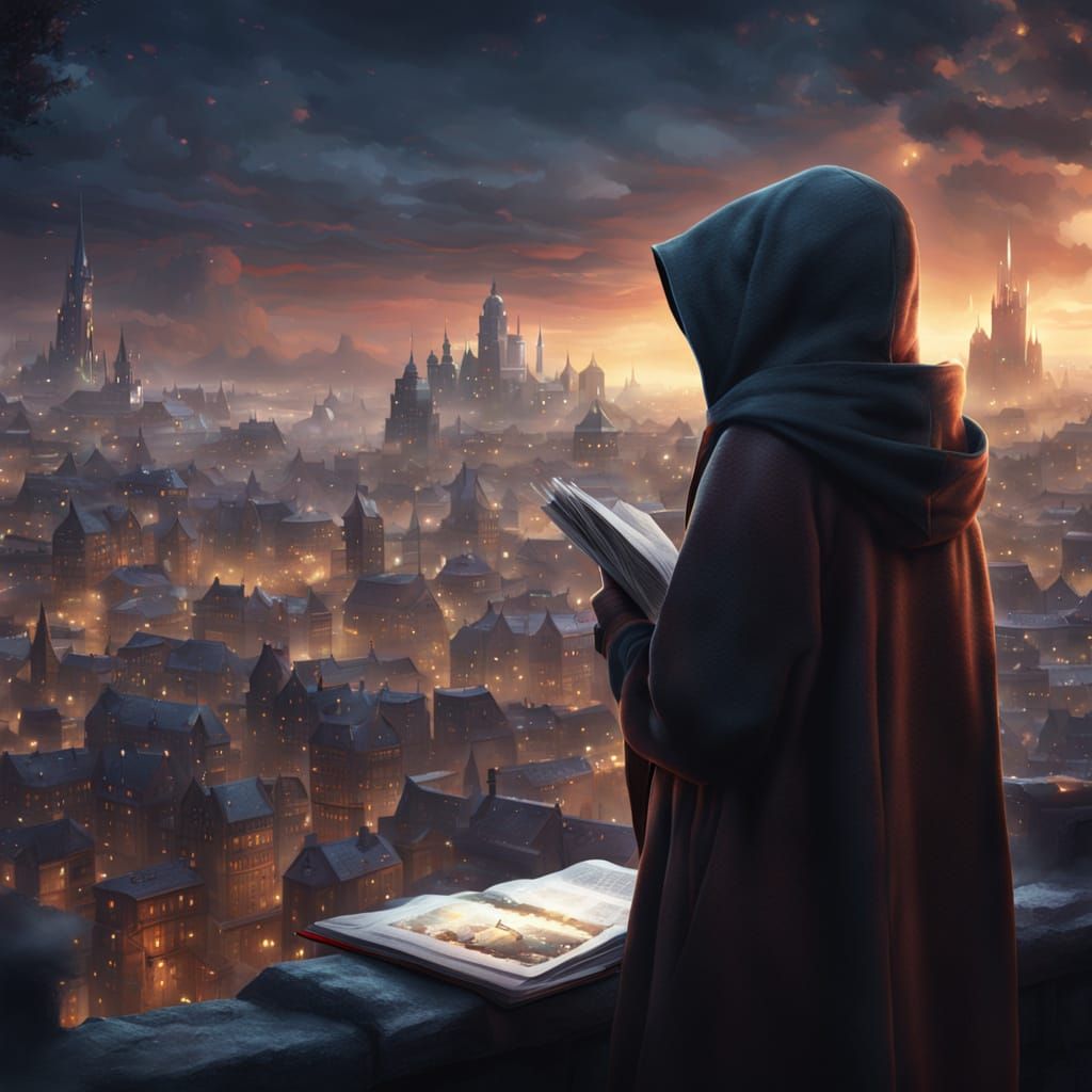 Girl with Sketchbook Gazes at City Lights in Matte Painting