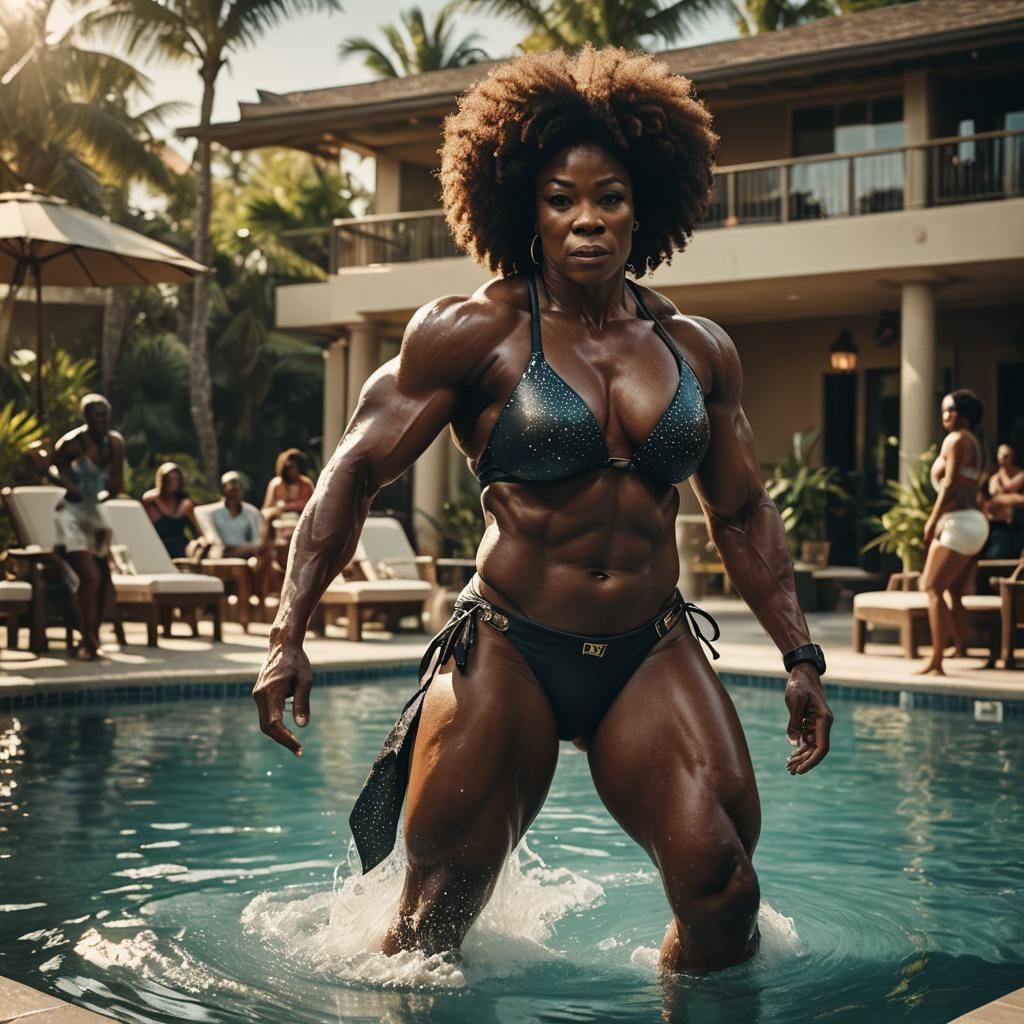 Musclebound Woman Exits Pool in Cinematic Film Still