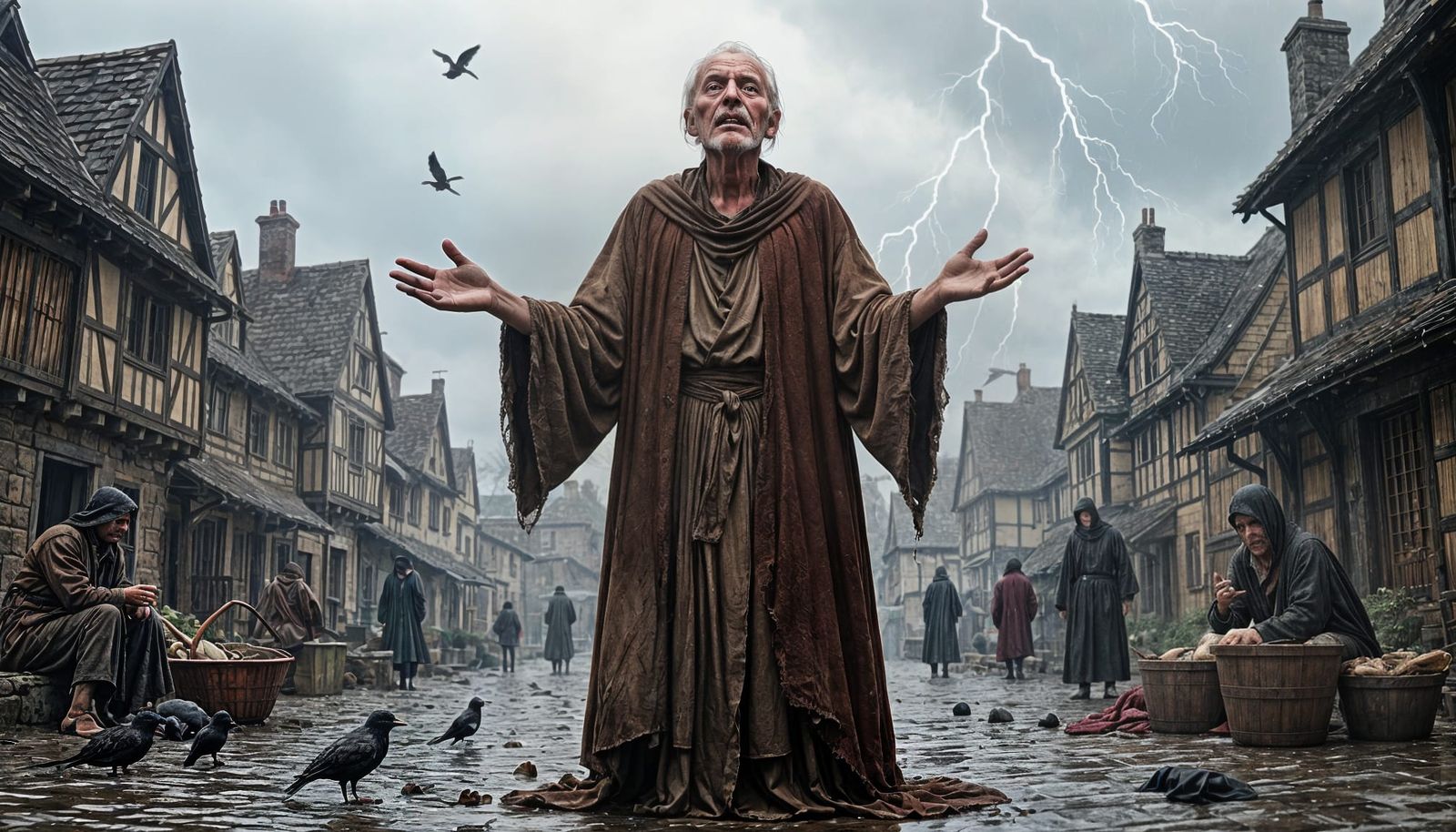 Elderly Man in Medieval Square During Storm