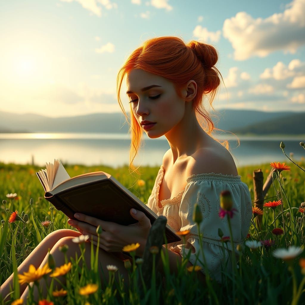 Enchanted Meadow Reader in Vibrant Orange Hair