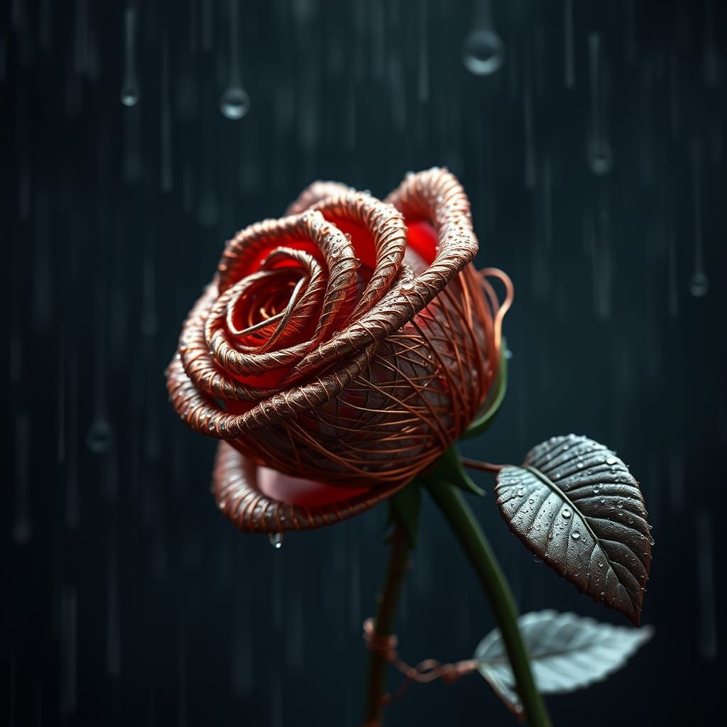 Copper Rose Sculpture in Rain: Hyperrealistic Wire Art