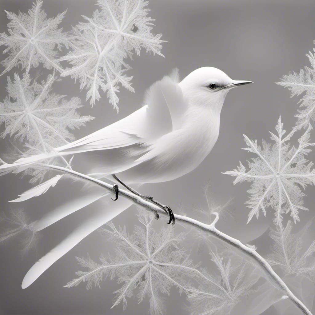 <lora:Winter PG:1.0> Snowflake ,feather, branch ,white  bird...