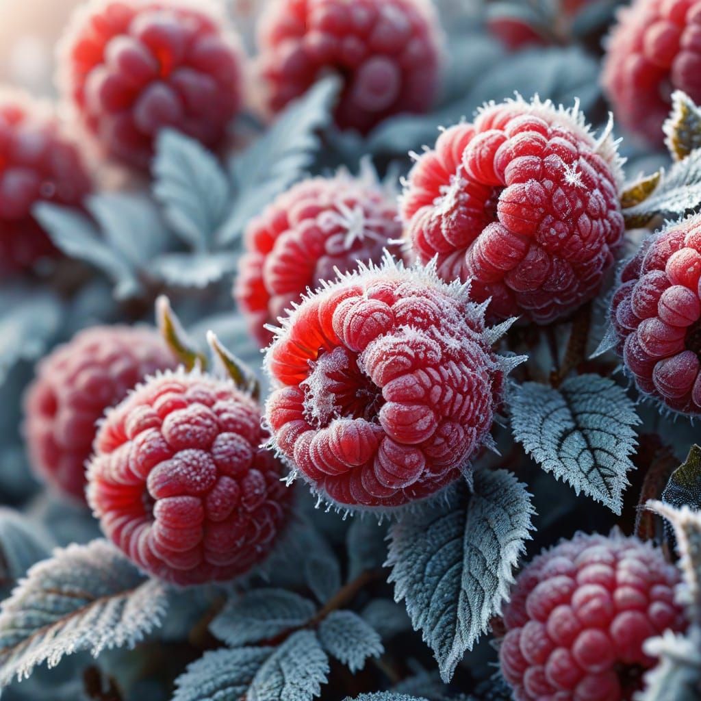 Frosty Raspberries in Macro: Hyper-Realistic Digital Art