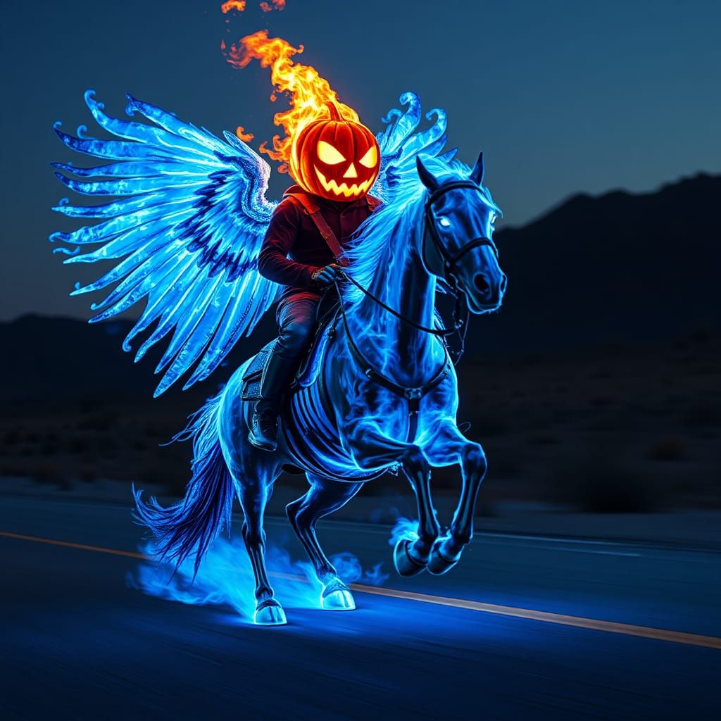 Flaming Pumpkin Rider on a Blue Fire Horse