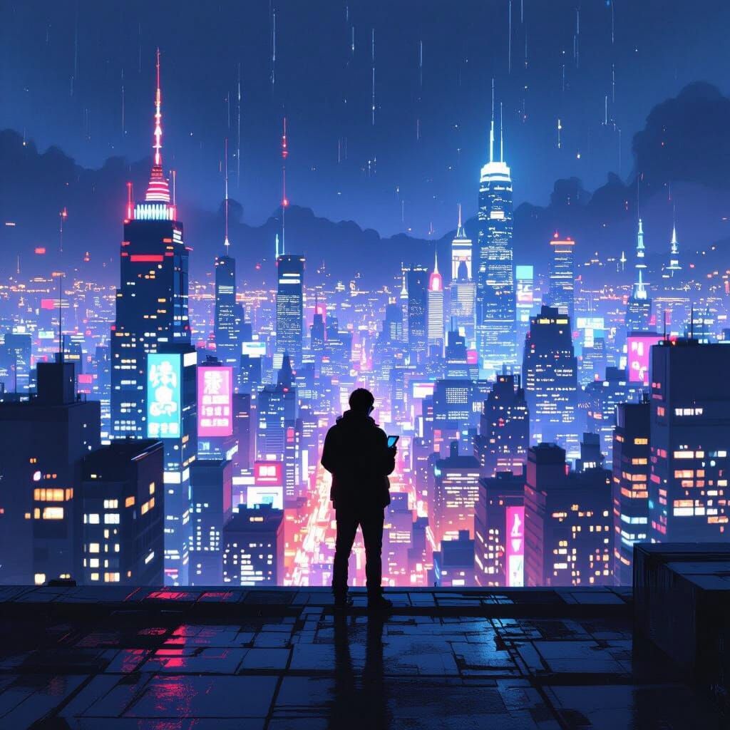 Man on Rooftop Views Cityscape While Using Smartphone