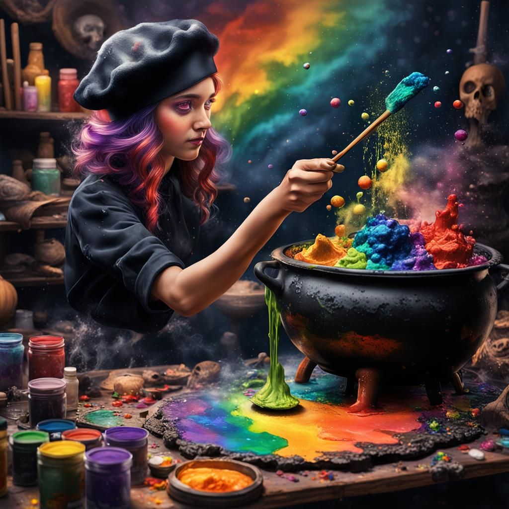 Fantasy Woman Mixing Colorful Potions, Digital Art