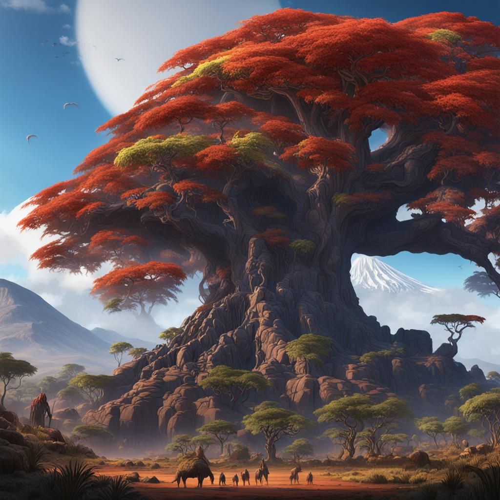 Kilimanjaro, Maasai, and Baobab Tree: Fantasy Art