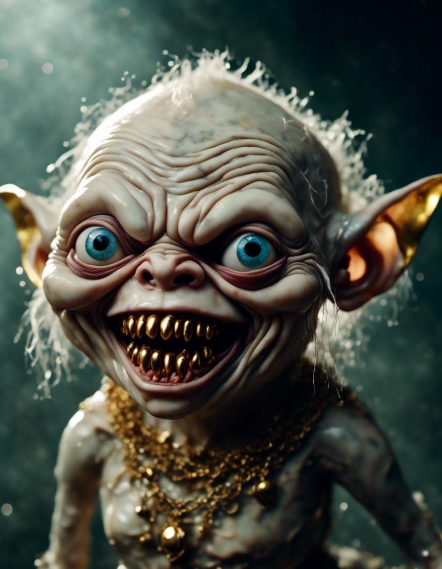 Humorous Gollum Portrait with Gold Accessories