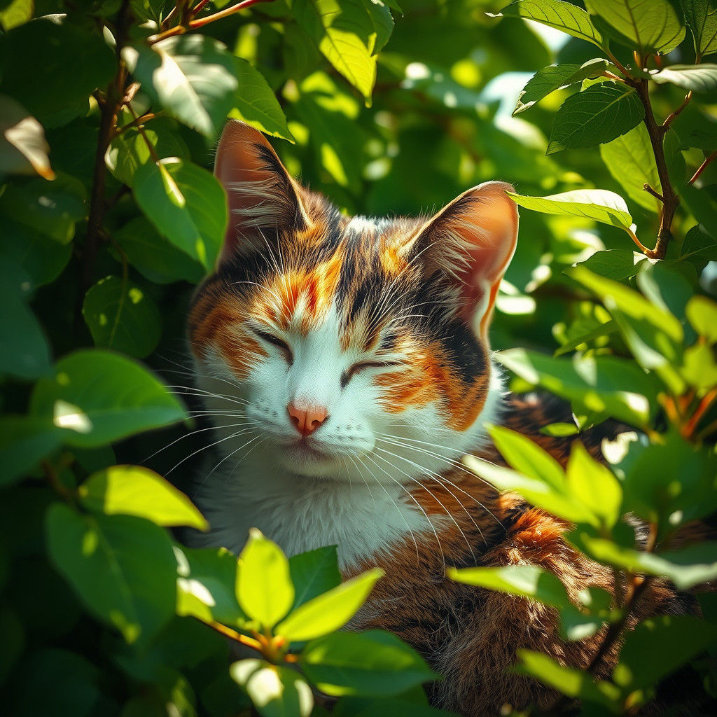 Calico Cat's Peaceful Slumber in Lush Foliage