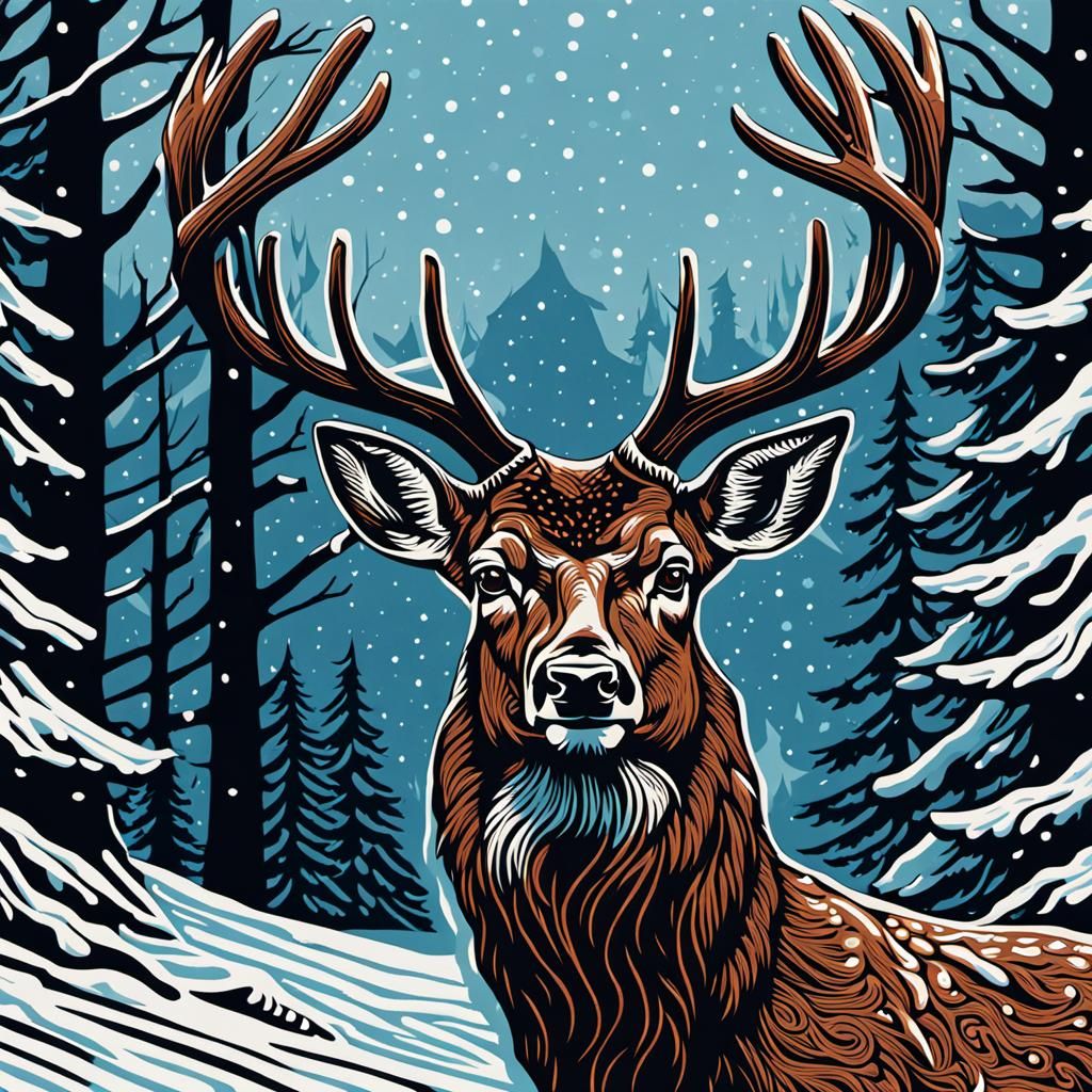 Stag in Winter: Detailed Linocut Print of a Buck