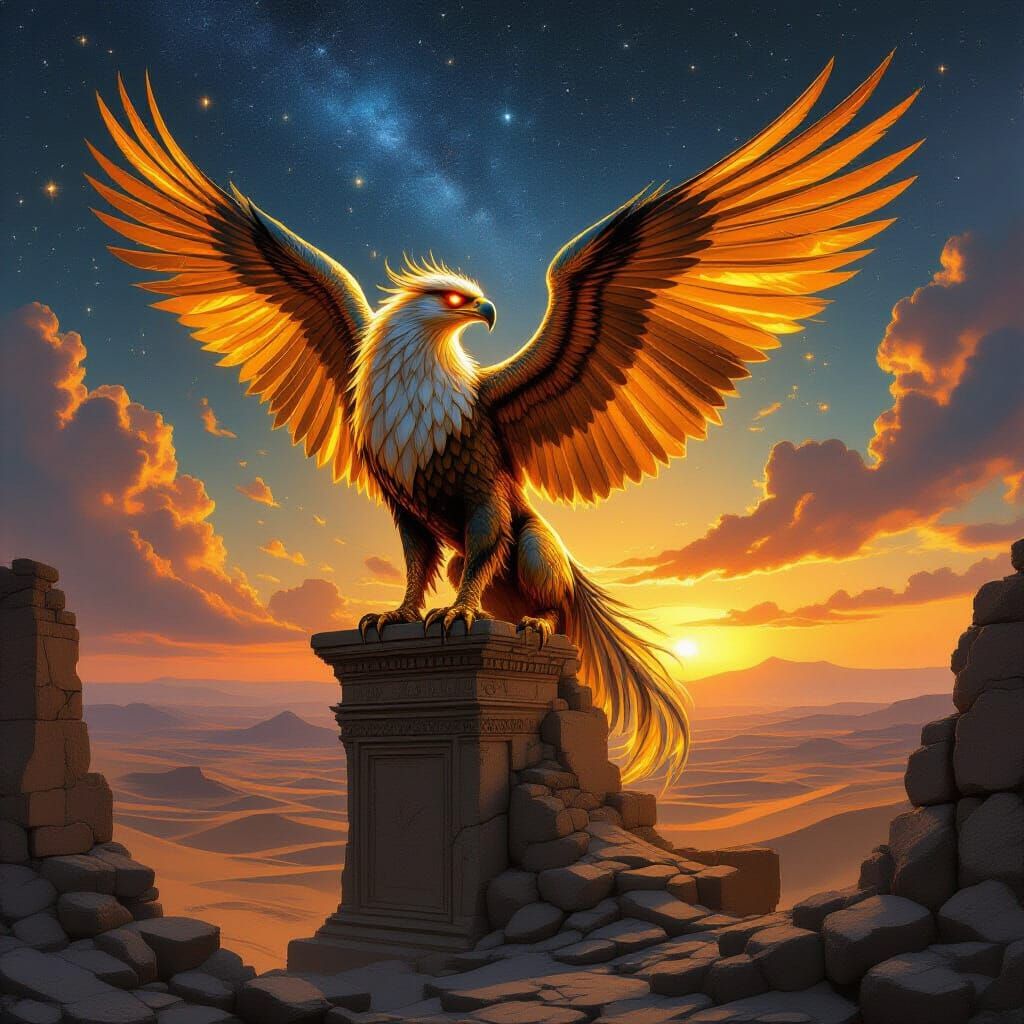 Golden Griffin Perched Atop Ancient Ruins