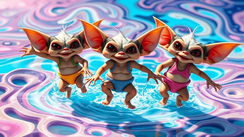 Gremlins Frolicking in Crystal Water, Kawaii Style