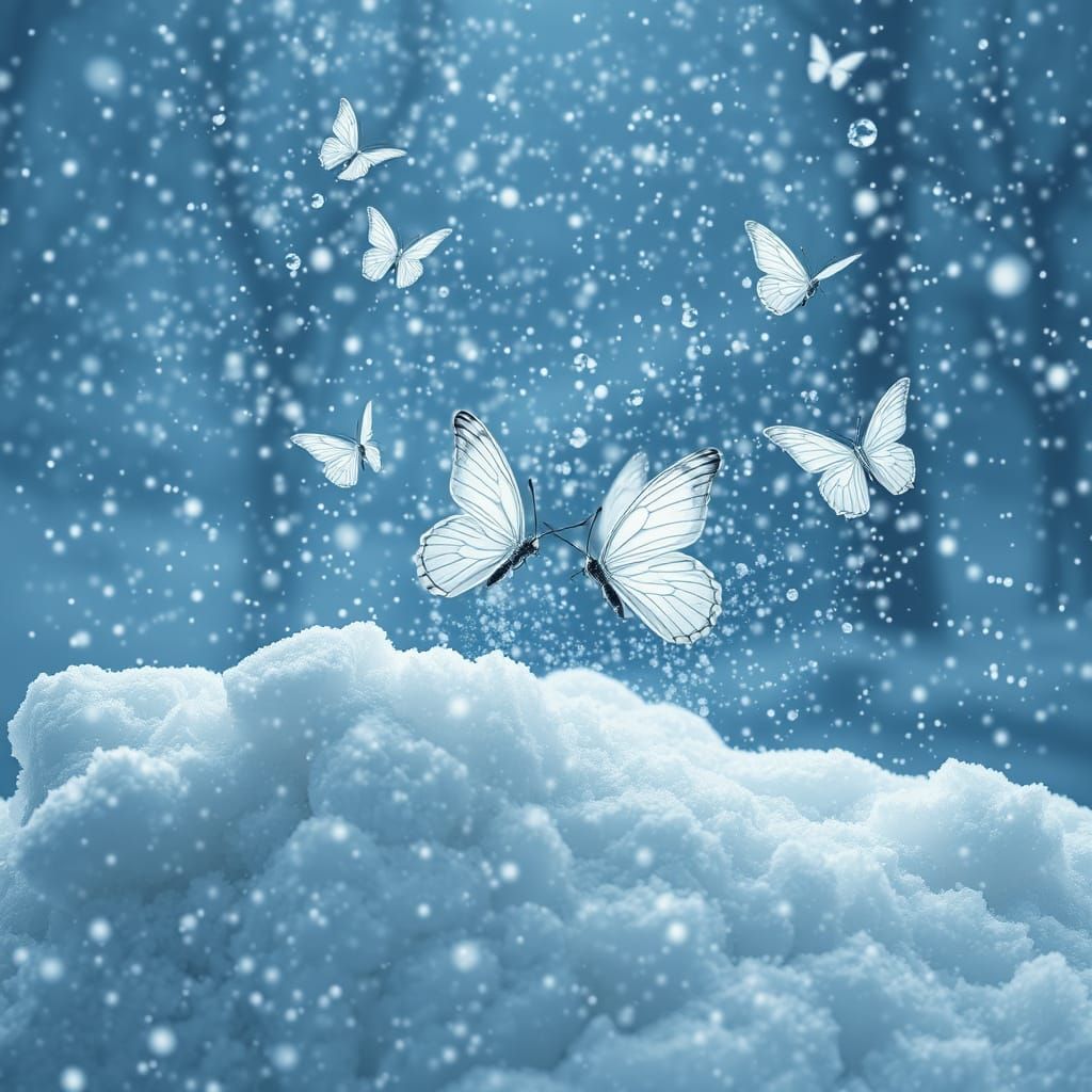 white snow butterflies dancing in a snowstorm