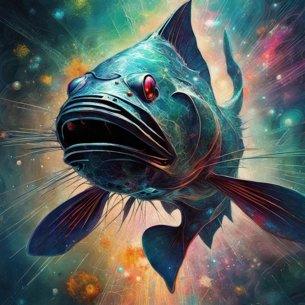 Fractal Iridescent Cosmic Catfish in Digital Painting Style