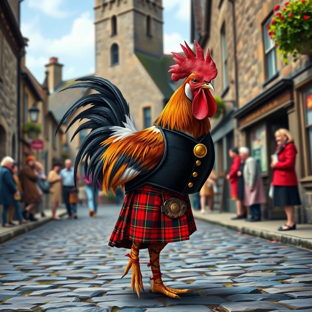 Rooster in Kilt Strutting Down Scottish Street
