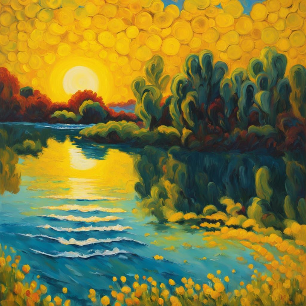 Vibrant Naive Sun Shines Over Serene Lake