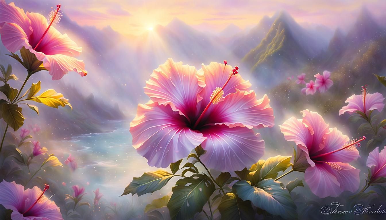 Pink Hawaiian Hibiscus in Ethereal Fantasy Art