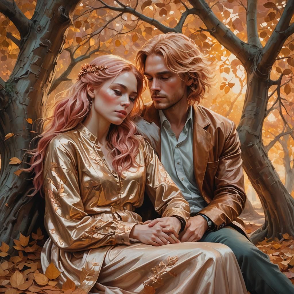 Rose Gold Romance: Oil Painting of Lovers Under Tree